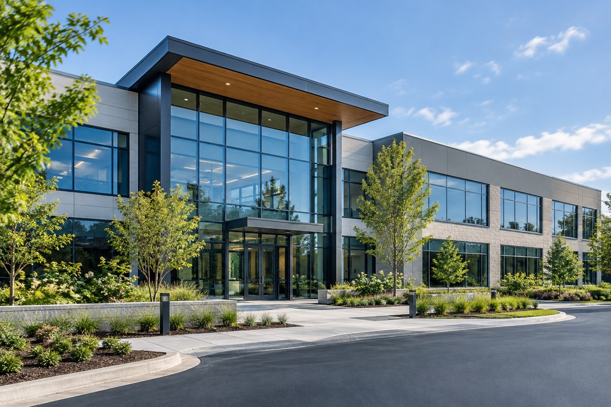 Contemporary commercial office building and landscaped entrance