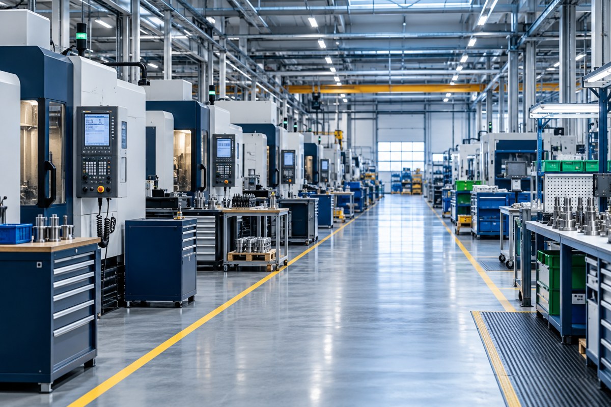 Industrial machinery and organized workstations on a manufacturing floor