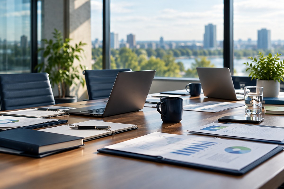 Professional services office with laptops, meeting notes and documents