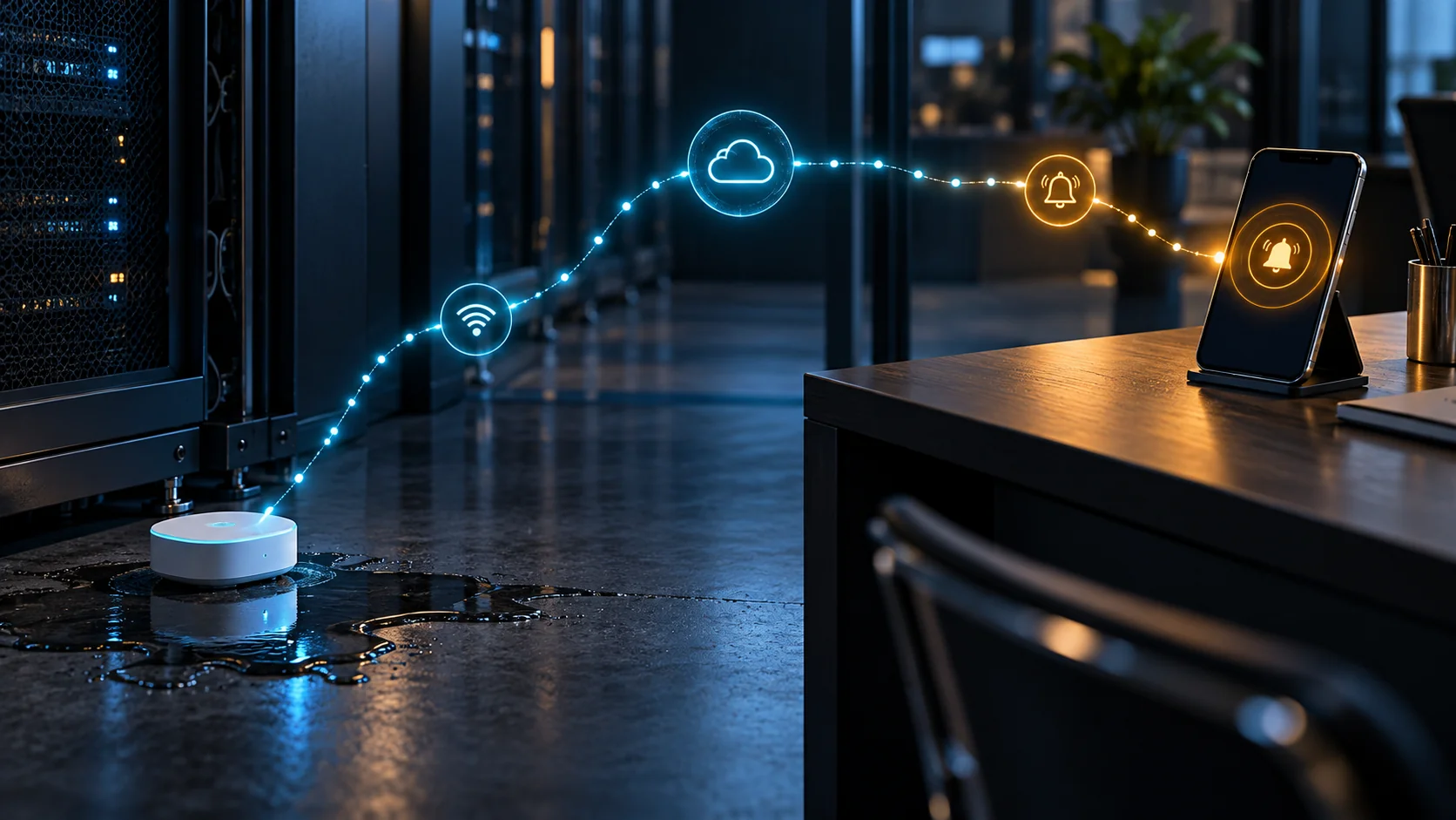 An IoT sensor beside a server cabinet sends a luminous signal through connected nodes to a notification device.