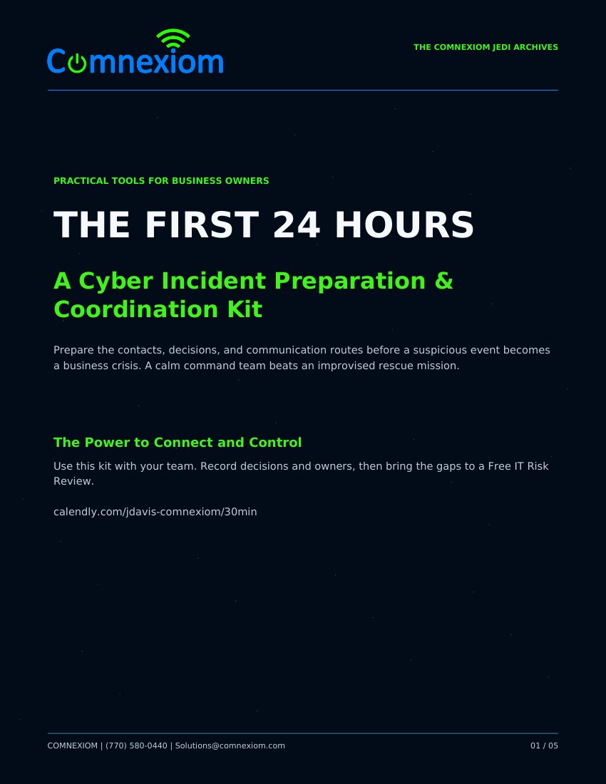 Comnexiom The First 24 Hours PDF kit cover in navy, blue and green