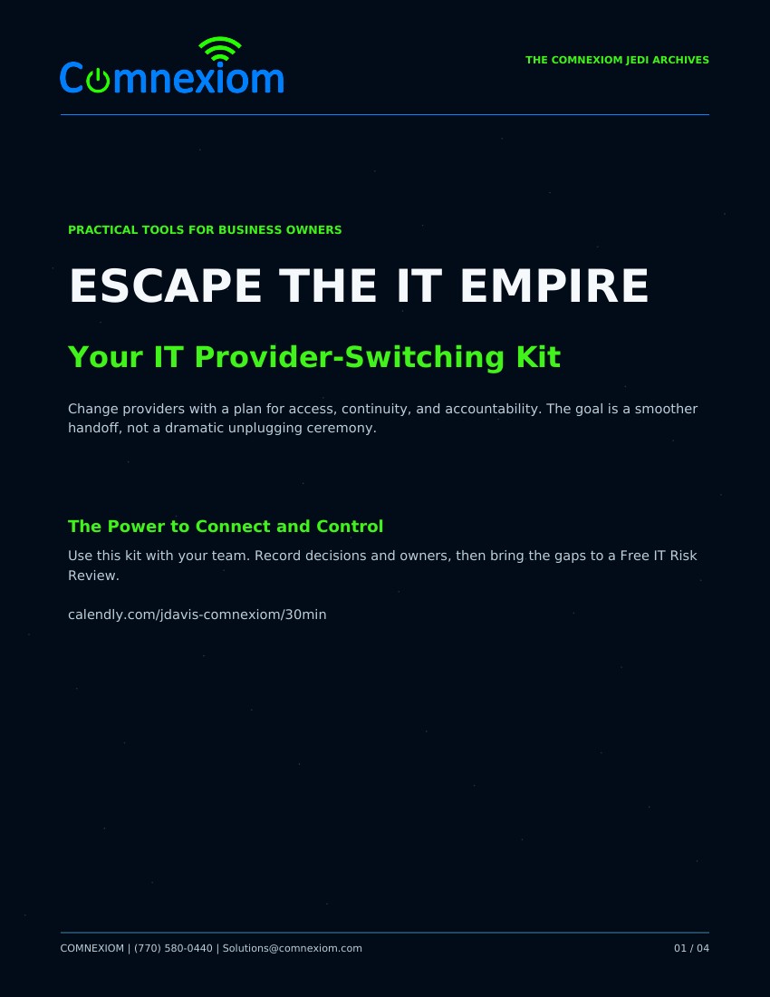 Comnexiom Escape the IT Empire PDF kit cover in navy, blue and green
