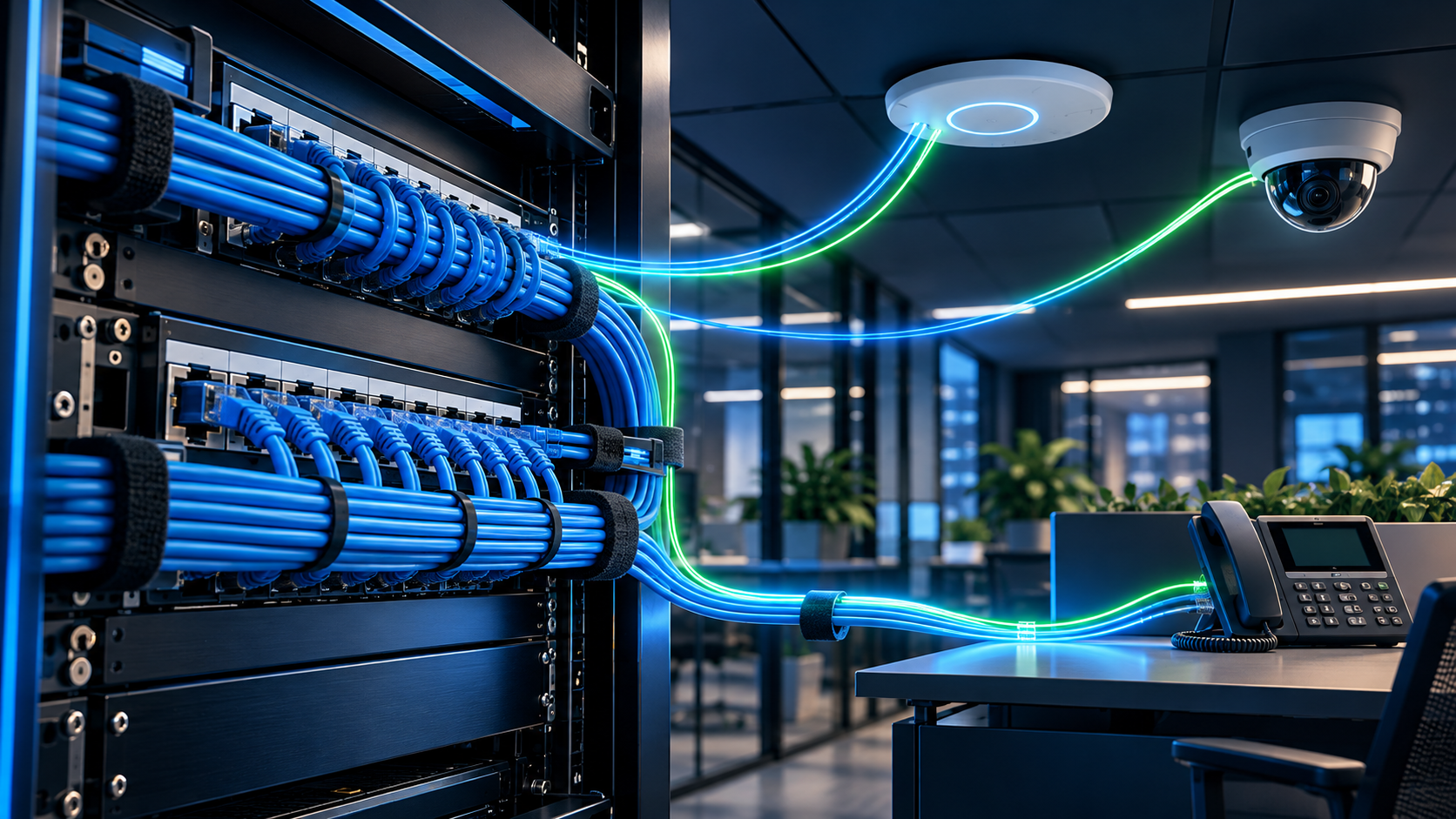Organized blue Ethernet cabling in a network rack connects a wireless access point, security camera, and desk phone with blue and green light trails