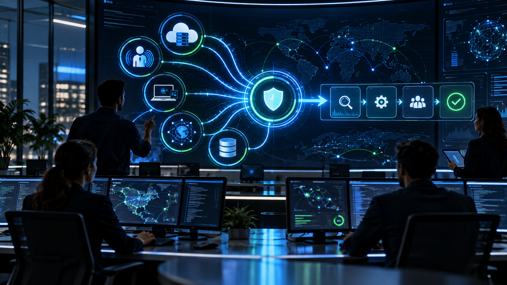 A coordinated business cybersecurity response team connecting identity, cloud, endpoint, network, and backup systems